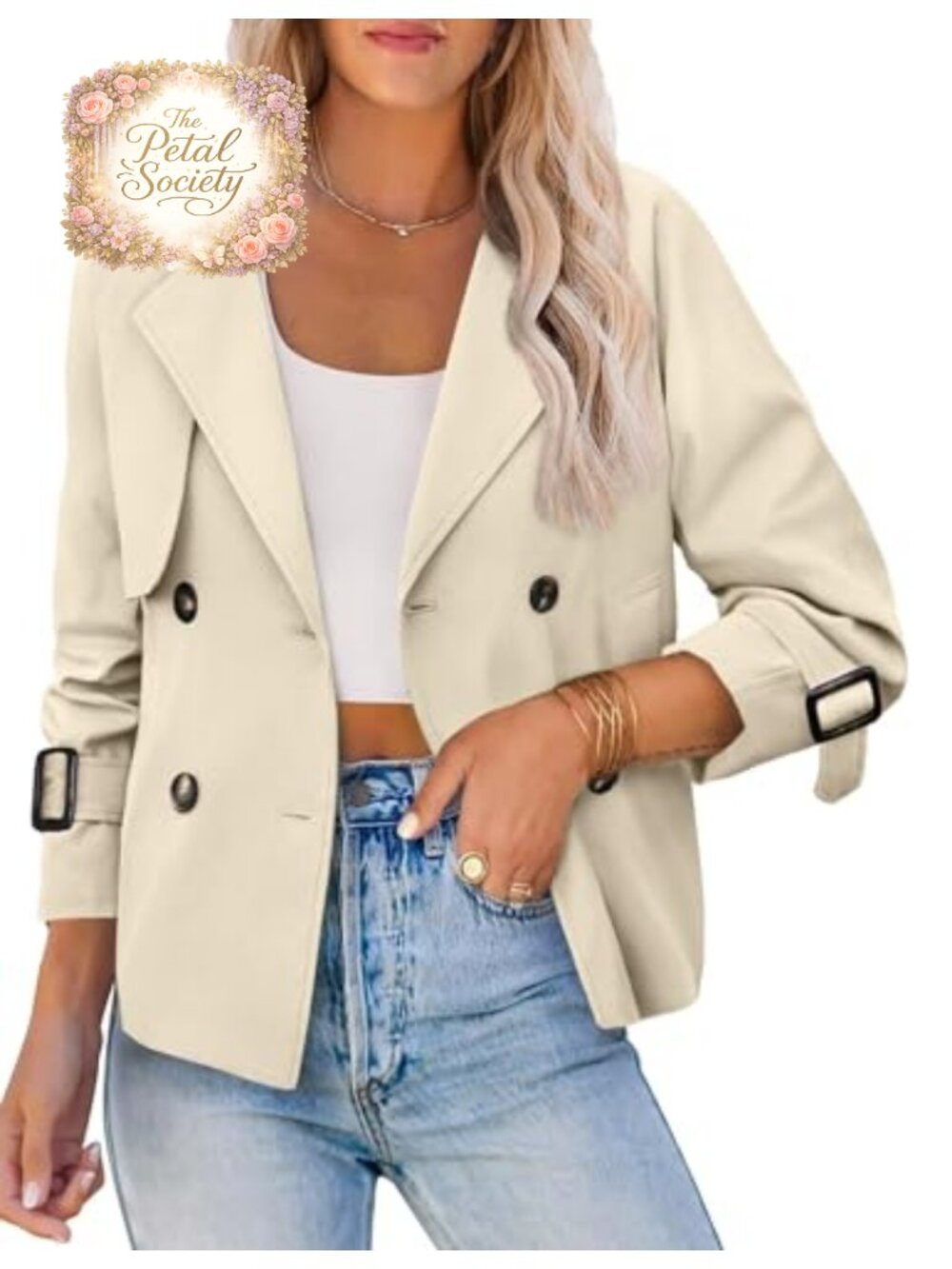 Women's Cropped Trench Coat Double Breasted Short Jacket with Pockets